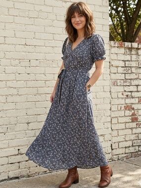 NWT Bluivy Ditsy Floral Blue Maxi Dress Vintage Inspired Puff Sleeves Tie Waist